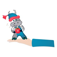 Cute cartoon bull drinks coffee 
and stands on the palm.
Vector isolated illustration on white background.