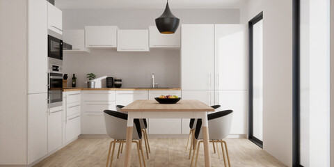 cuisine blanche avec grande table vue 3d 01