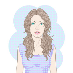 Vector illustration with beautiful young woman with long hair on a white background. Color image.