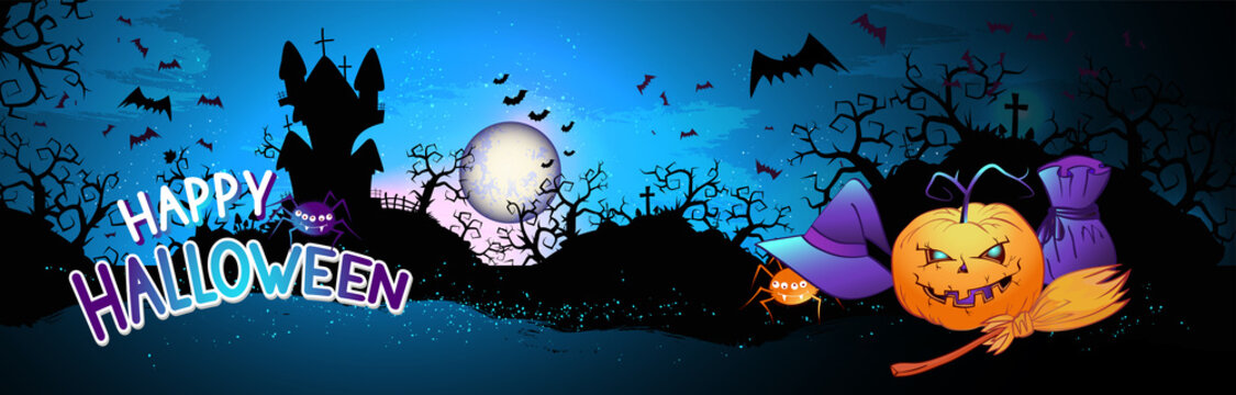 Vector illustration with pumpkins head, sinister castle, cemetery, bats and text on nightly background with full moon. Happy halloween.