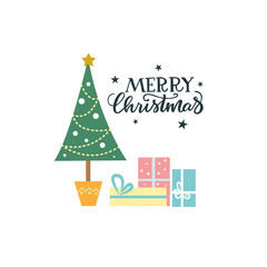 Fototapeta na wymiar Christmas tree with gifts. Merry Christmas for Happy holidays greeting card. Vector Lettering celebration logo. Typography for winter holidays. Calligraphic poster on white background.Postcard motive