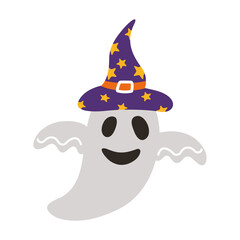 halloween ghost floating with witch hat style flat icon