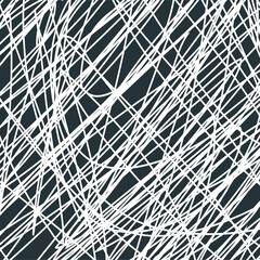 Geometry, abstract background. Drawn white stripes of different sizes in a chaotic direction on a dark green background. Modern wallpaper.