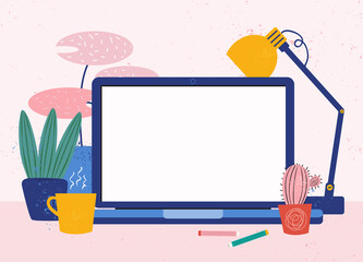 Home workplace. Cozy desktop with a laptop, coffee, lamp, stationery, indoor plants. Work at home. Blank screen on the laptop monitor for your text. Vector flat illustration. Editable template banner.