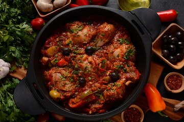 Chicken cacciatore with bell peppers, tomatoes, black olives. Italian food