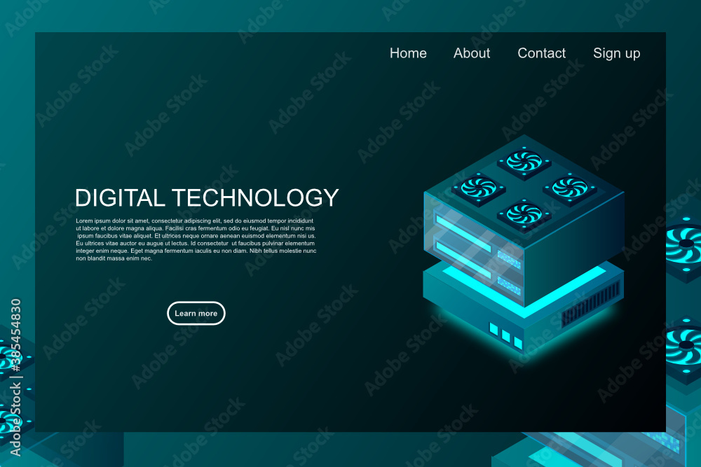 Poster concept of big data processing center, machine learning, cloud database, station of future, data min