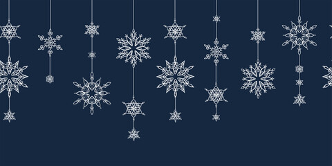Lovely hand drawn snowflakes horizontal seamless pattern, cute winter background, great for Christmas, textiles, banners, wallpapers - vector design