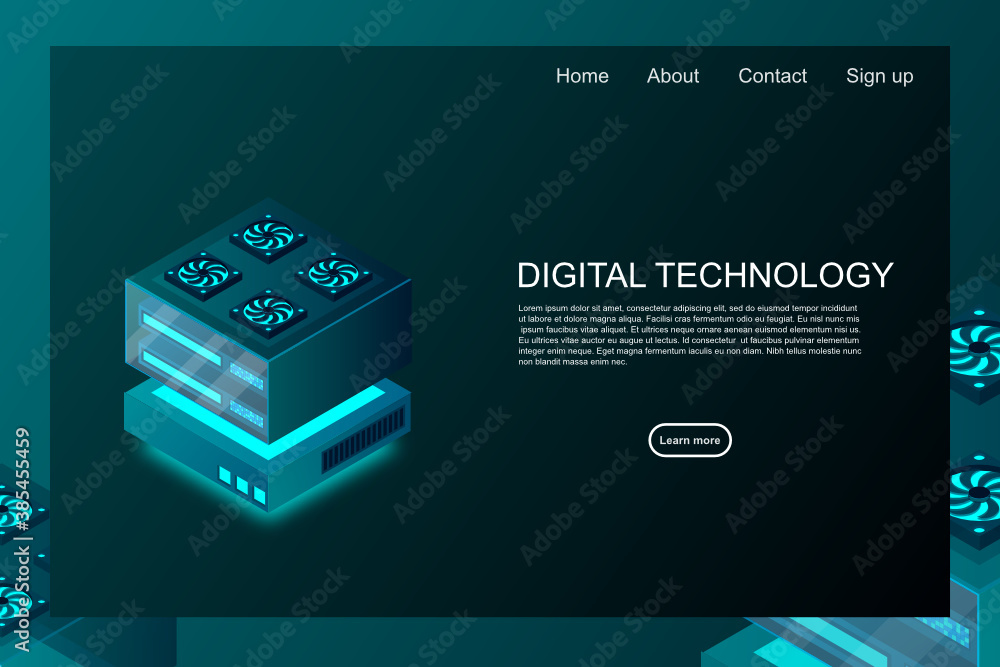 Poster concept of big data processing center, machine learning, cloud database, station of future, data min