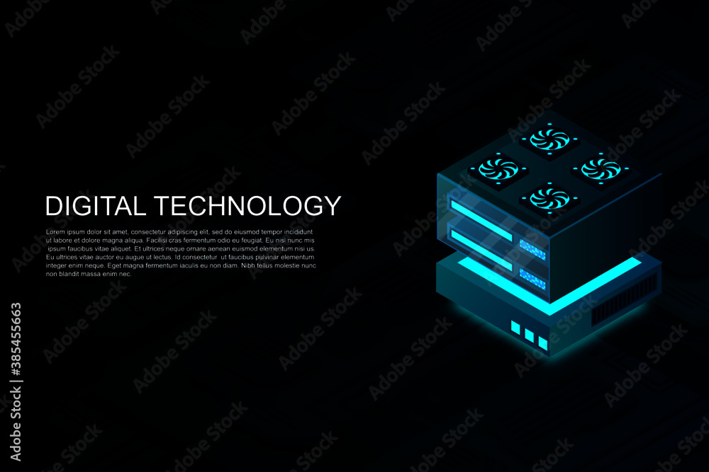 Poster concept of big data processing center, machine learning, cloud database, station of future, data min