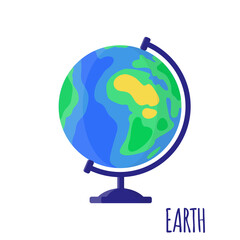 Vector cartoon illustration with desktop school Earth globe isolated on white background.