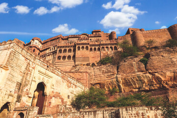 Fototapeta na wymiar Mehrangarh fort UNESCO World heritage site landmark for tourist in Jodhpur blue city Rajasthan India