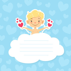Cute Baby Angel on Cloud with Space for Text, Adorable Little Cupid in Heaven with Hearts in his Hands Style Vector Illustration.