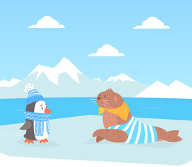 North Pole Arctic Animals on Polar Landscape, Cute Seal and Penguin Characters Cartoon Vector Illustration