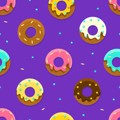 Glazed Donuts Seamless Pattern, Colorful Sweet Desserts, Textile, Wallpaper, Wrapping Paper, Background Cartoon Vector Illustration