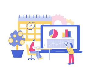 Return on investment concept. People research investment charts on laptop screen.