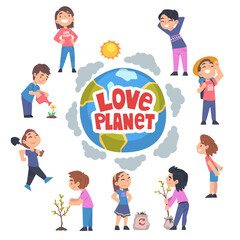 Love Planet Banner, Children Taking Care of Earth Planet, Environmental Protection Concept Cartoon Style Vector Illustration