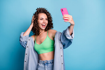 Photo of positive youth girl make selfie smart phone video call her spa salon therapy haircut enjoy...