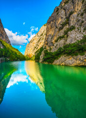 Furlo Pass or Gola del Furlo, road, river and gorge on the ancient Roman road Via Flaminia. Marche Italy.