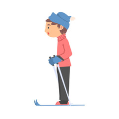 Boy Skiing Wearing Warm Clothes, Kid Doing Winter Sports, Healthy Lifestyle Concept Cartoon Style Vector Illustration