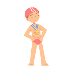 Boy Swimmer Taking Part in Competition, Kid Doing Water Sports, Healthy Lifestyle Concept Cartoon Style Vector Illustration