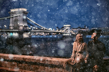 winter budapest bridge girl, winter view, woman tourist in budapest hungary in winter