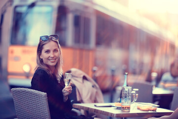 happy woman in autumn look, young girl outside in autumn mood