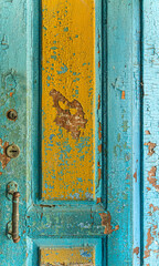 beautiful shabby texture wallpaper old door numerous layers of old paint. blue with yellow. vintage aged grunge wooden surface with scratches and corrosion. Bright color combination composition