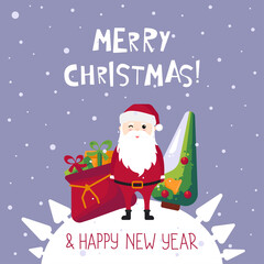 Merry Christmas and Happy New Year greeting card. Santa Claus with xmas pine tree and gift illustration