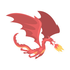 Red Dragon Fairytale Animal with Wings Cartoon Style Vector Illustration