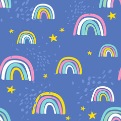 Rainbow, stars, hand drawn backdrop. Colorful seamless pattern. Decorative cute wallpaper, good for printing. Overlapping colored background vector. Design illustration