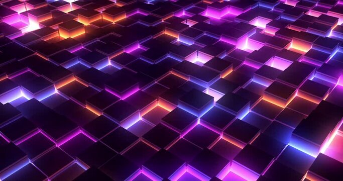 Abstract background of black tiles rising and illuminated by pink and blue lights