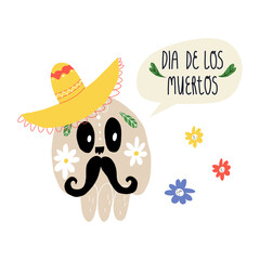 Day of the dead funny greeting banner with sugar skull in sombrero with mustaches and Dia de los Muertos lettering. 