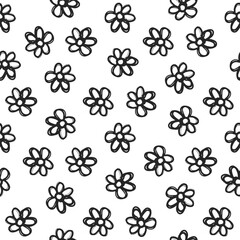 Beautiful small black chamomile flowers isolated on white background. Cute monochrome floral seamless pattern. Outline ink sketch drawing. Vector flat graphic hand drawn illustration. Texture.
