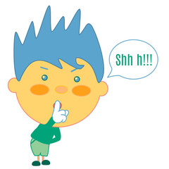 emoji with chibi character shushing Shhh to tell people to shut up and be quiet to keep silence, man using finger on mouth gesture to stop ppl talking, vector emoticon on white isolated background