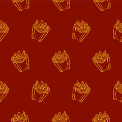 Vector pattern of fries in retro style. Drawn by hand. Fast food. Menu. On a brown background.