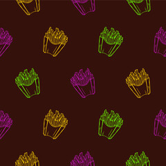 Vector pattern of French fries, in brown. Drawn by hand. Perfect for printing on fabric, paper or for cafe menu backgrounds.