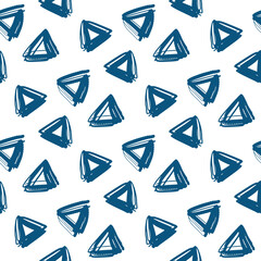 Blue bold triangles isolated on white background. Geometric monochrome seamless pattern. Ink sketch drawing. Vector flat graphic hand drawn illustration. Texture.