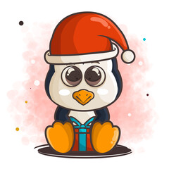 cute penguin cartoon character wearing a christmas hat, holding a gift illustration