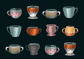 A set of cups for drinks. Manual illustration. Elements for design.