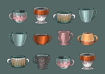 A set of cups for drinks. Manual illustration. Elements for design.