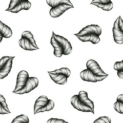 black leaf sketch seamless pattern, vintage leaf ink art decoration for backgrounds, fabric or wrapping, black floral sketch with vintage leaves