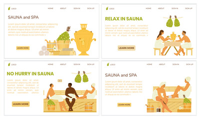 Sauna And Spa Web Page Templates Set. Illustrations Of People In Sauna, Drinking Tea From Samovar, Relaxing. Sauna Accessories. Flat Vector Design.
