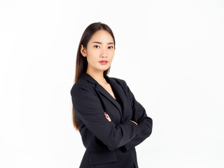 A pretty young Asian business woman in black suit.