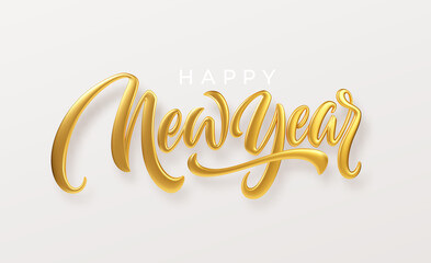 Fototapeta na wymiar Happy New Year. Realistic golden metal lettering isolated on white background. Vector illustration