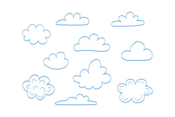 Doodle hand drawn blue clouds isolated on white background. Cute vector illustration for decorating sky, weather forecast, web site, icons, fabric print. Sketch template in cartoon outline style.