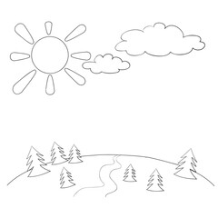 sketch, summer landscape with sun, field and trees, coloring book, isolated object on white background, cartoon illustration, vector,