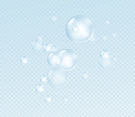 Realistic soap bubble isolated on transparent background. Real transparency effect. Water foam bubbles set. Vector illustration - obrazy, fototapety, plakaty