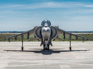 Barcelona, Spain; August 8, 2018: Classic army air plane in the show. AV-8B Harrier II