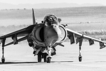 Barcelona, Spain; August 8, 2018: Classic army air plane in the show. AV-8B Harrier II - obrazy, fototapety, plakaty