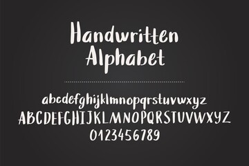 hand drawn alphabet, letters and numbers on chalkboard background, vector illustration